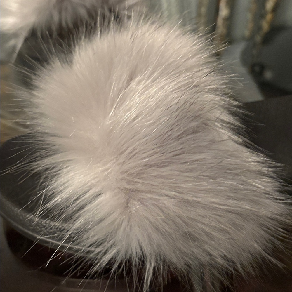 Black Slides with Gray Fur Trim, Size 11 - Picture 5 of 5
